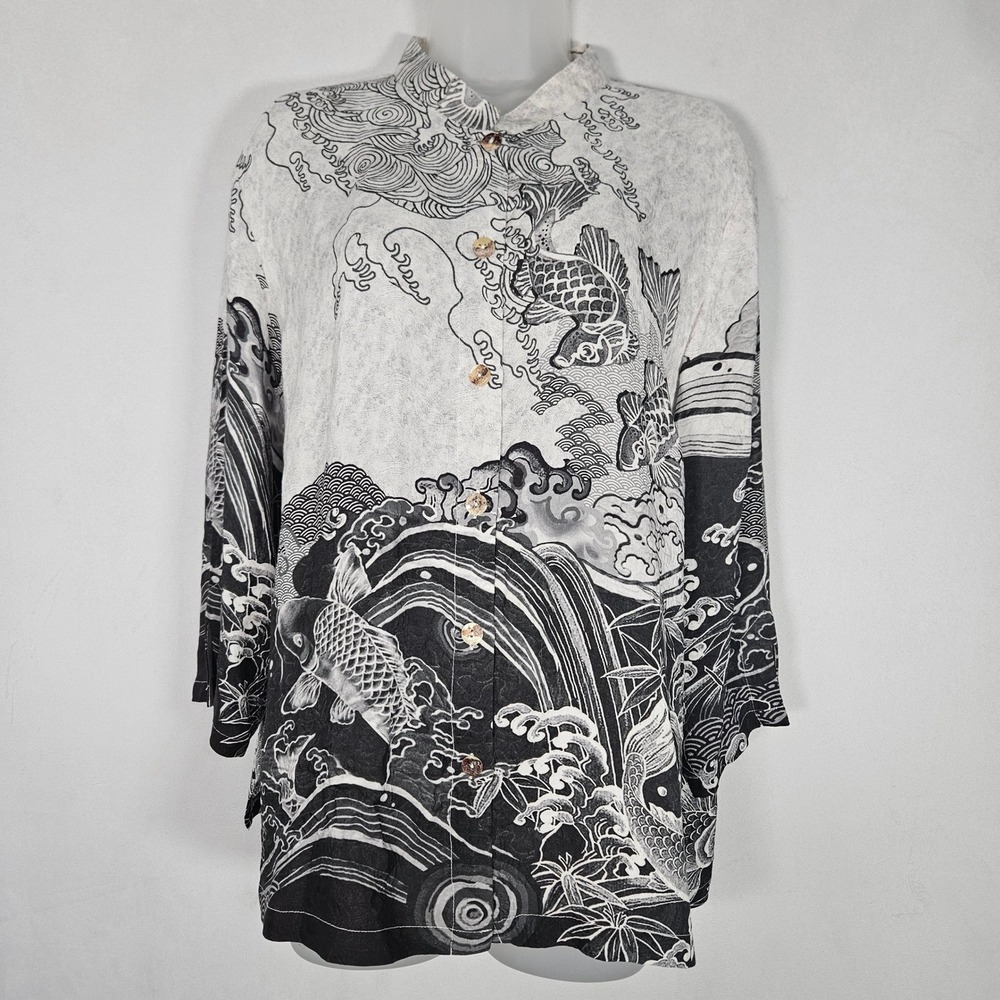 Citron Top Womens XL White Black Koi Fish Silk Blend Artistic Boho Artsy Coastal